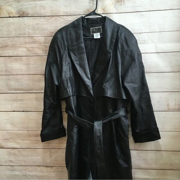 VINTAGE LIZ BAKER ESSENTIALS BLACK LEATHER FULL LENGTH TRENCH COAT - Picture 3 of 12